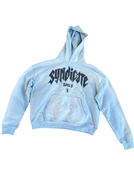 Light blue acid washed pull over hoodie “Black logo”